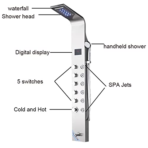 Sistema de Panel de Ducha de Alto Flujo con Pantalla Digital LED, Torre de Panel de Ducha Multifunción en Acero Inoxidable con 4 Salidas de Agua miniatura 4