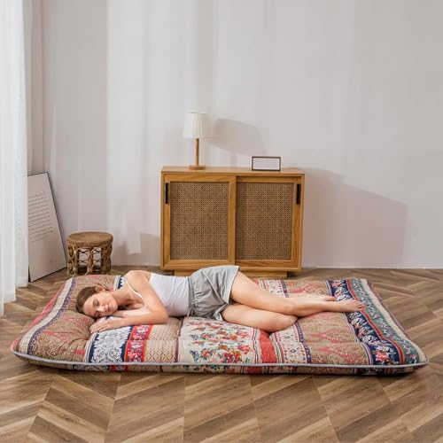 Image of MAXYOYO Bohemian Retro Floor Mattress Vintage Floral Japanese Futon Mattress Roll Up Thicken Sleeping Mat Portable Camping Mattress Floor Lounger Couch Mattress Pad Queen