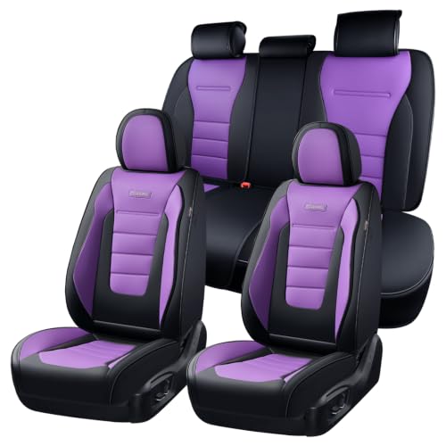 Image of Coverado Car Seat Covers Full Set, Nappa Leather Seat Covers for Cars, Car Seat Protector Car Seat Cushion, Front and Back Seat Protectors Cushions Universal Fit for Most Cars Vehicles(Black&Purple)