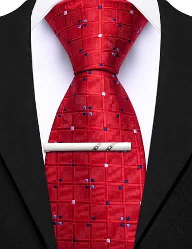 Image of Barry.Wang Plaid Ties Mens Silk Necktie and Tie Clip Checkered Tie for Wedding Party Business Formal