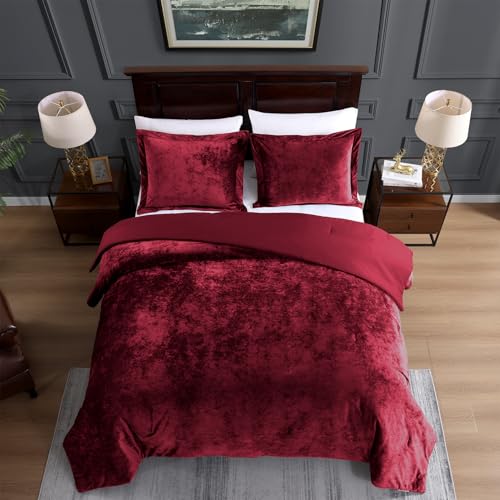 TAMGHO Red Queen Velvet Comforter Set, Plush Crushed Velvet Bedding, Ultra Soft Luxury Fluffy 3pc Set Includes 1 Comforter (92"x96") and 2 Pillow Shams (20"x26"+2")