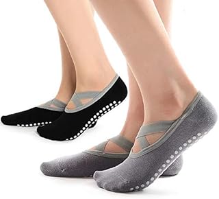 Hually Yoga Socks, 2 Pairs Yoga Pilates Socks for Women with Grips & Straps, Easy to Put On, Cotton Pilates Socks for Pilates, Barre, Ballet, Dance, Barefoot Workout (Black & Grey)
