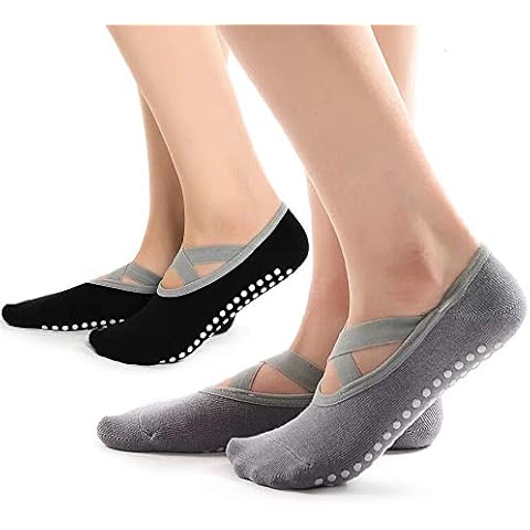 Hually Yoga Socks, 2 Pairs Yoga Pilates Socks for Women with Grips & Straps, Easy to Put On, Cotton Pilates Socks for Pilates, Barre, Ballet, Dance, Barefoot Workout (Black & Grey) Cover