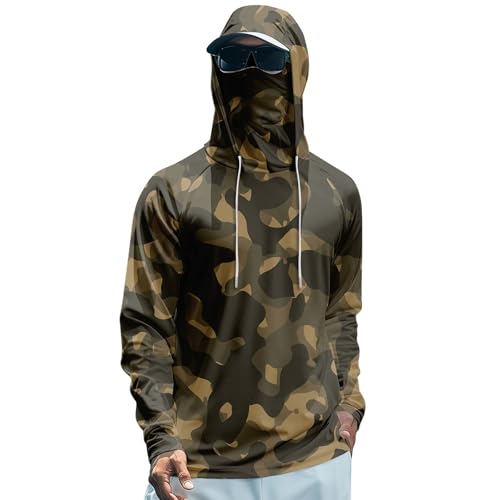Mens Fall Sun Protection Hoodie with Face Mask Fishing Shirts Long Sleeve Upf 50 Hiking Clothing