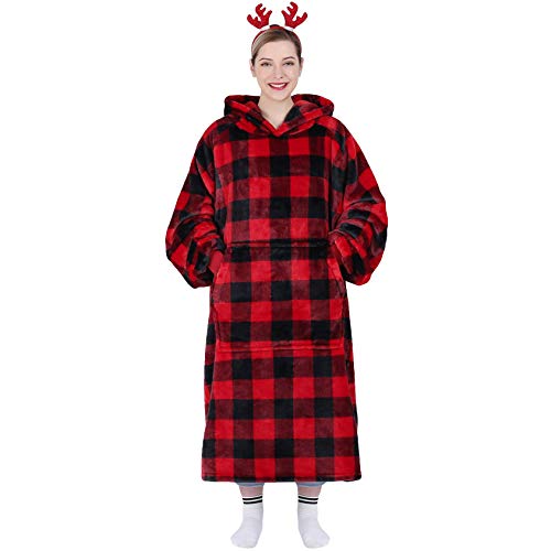 Image of Waitu Wearable Blanket Hoodie Sweatshirt Gifts for Adult and Child, Warm and Cozy Giant Hoodie Blanket for Women and Men, Flannel Blanket with Sleeves - Red and Black Plaid