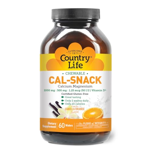 Country Life Cal-Snack, Chewable Calcium, Magnesium with Vitamin D, 1000mg/500mg/50 IU, Dairy-Free, Vanilla Orange Flavor, 60 Wafers, Certified Gluten Free, Certified Vegan