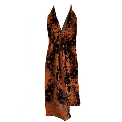 Silk Base Burn-out Velvet with Silk Jacquard Backing Oblong Scarf, Flora and Crane, Pumpkin Brown