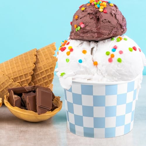 Image of Zopeal 50 Count Light Blue Checkered Ice Cream Cups Disposable Race Car