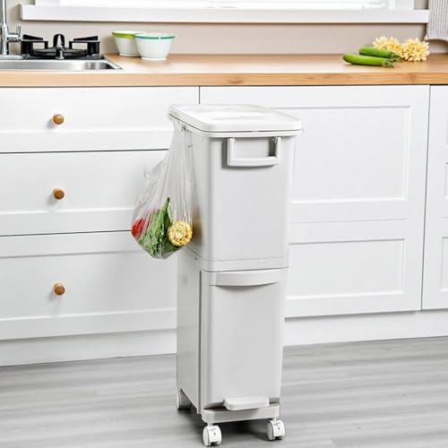 Thrink Dry and Wet Separation Trash Can, Vertical Waste Separation System with Wheels, Rubbish Trash Garbage Can, Kitchen Recycling Pedal Bin Waste with Large Recycle Compartments (29L)