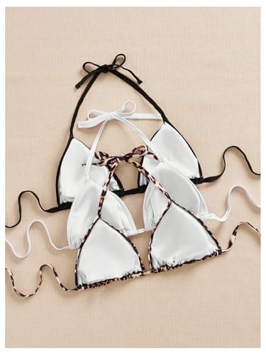 SweatyRocks Women's Plus Size s 3 Pack Leopard Print Halter Bikini Top Tie Backless String Swimsuit Tops2