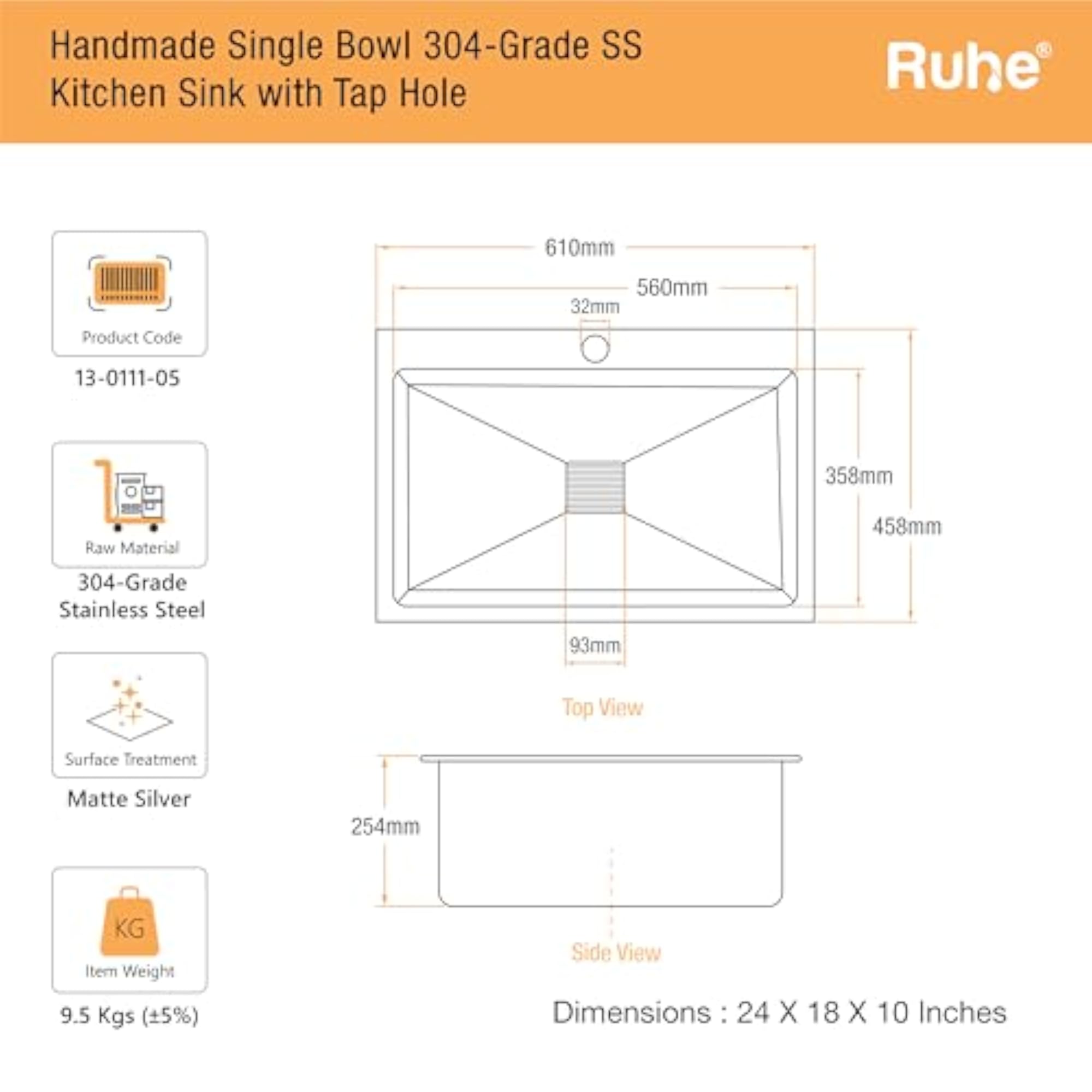 Single Bowl Kitchen Sink with Tap Hole - 24x18x10 inches