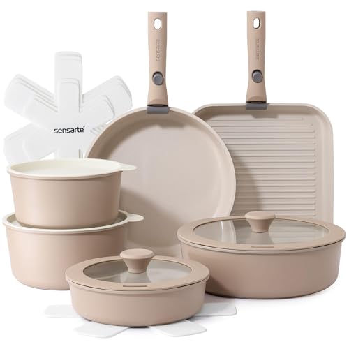 SENSARTE Set de Casseroles et Poêles 17 Pièces - Revêtement Céramique Antiadhésif - Batterie de Cuisine pour Induction/Gaz, Poignées Amovibles, Empilable et...