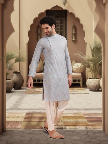 Mens Kurta – Printed Cotton Blend Tunic with Mandarin Collar, Regular Fit – Indian Wedding Outfit for Men – Festive Wear for Diwali, Eid & Celebrations Blue3