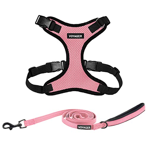 Image of Best Pet Supplies Voyager Step-in Lock Pet Harness w Reflective Pet Leash Combo Set with Neoprene Handle 5ft - Supports Small, Medium and Large Breed Puppies /Cats - Pink /Black Trim, L