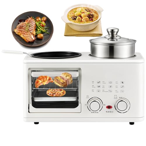 4-in-1 Breakfast Maker Station, 8L Multifunctional Breakfast Machine with Oven, Frying Pan and Steamer, 0-60Min Timer Knob, 1200W Electric Breakfast Maker with S-Type Double Heating Tube for Home