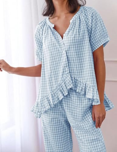 Flygo Womens Plaid 2 Piece Pajamas Sets Gingham Button Down Puff Sleeve Babydoll Shirt Ruffle Pants Y2K Pjs Lounge Set