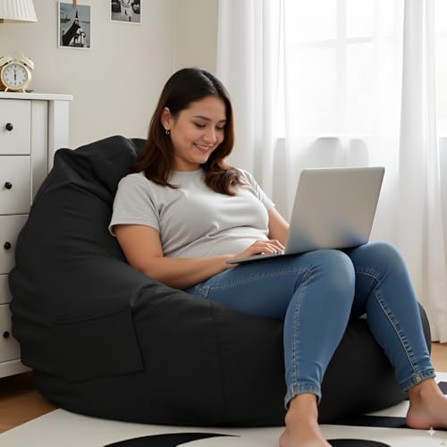 Image of 4XL Leatherette Bean Bag Chair with Footrest & Cushion with Beans Filled (Ready to Use) Color- (Black, Bean Bag Only)