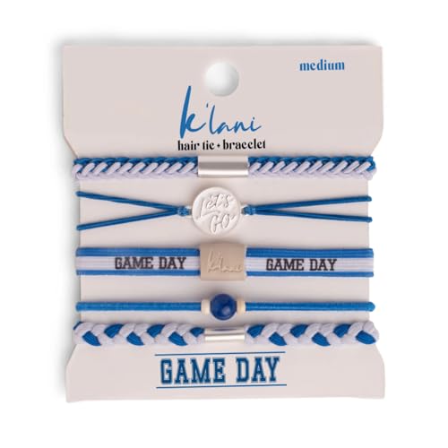 K'lani Game Day Hair Tie Bracelets – 5-Pack Stretchy No-Crease Hair Ties & Stylish Bracelets – Team Color Accessory for Hair or Wrist - Blue & White, Medium