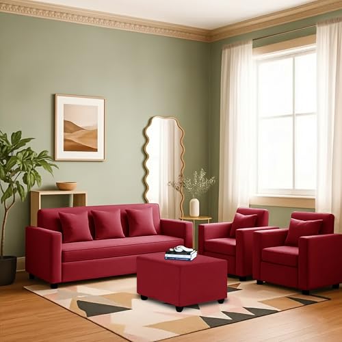 Image of 3+1+1 Seater Sofa Set with Ottoman -Modern Velvet Fabric Sofa Set for Living Room, Deep Seating Comfort with Cushions (Red)