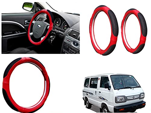 Image of Microfiber Car Steering Wheel Cover, Soft Padding Great Hand Feel, Anti-Slip, Faux Leather Steering Cover for Maruti Suzuki Omni | Black Red Jali - Pack of 1