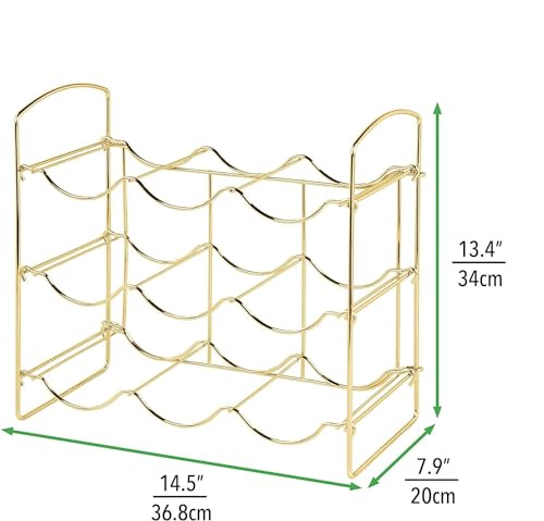 Image of Metal Water Bottle Rack Storage Organizer for Kitchen Countertops, Pantry, Fridge - Stores Wine, Beer, Pop /Soda - 3 Levels, Each Holds 9 Bottles, Free-Standing (Gold)