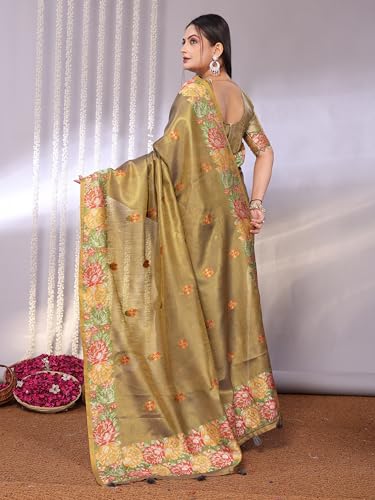 Image of SWORNOF Gold-Toned Woven Design Silk Zari Tissue Saree | Saree for Women | Soft and Skin Friendly