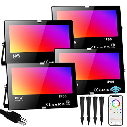 Neliwo LED Flood Light Outdoor 800W Equivalent Bluetooth Smart Color Changing RGB Spot Light DIY-Scene+RGB+2700K Warm White APP & Group Control & Timing IP66 Waterproof 4Pack
