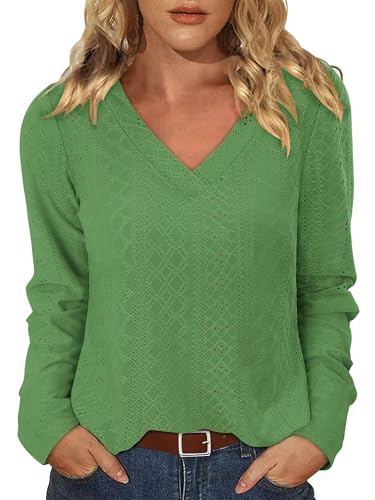 KISSMODA Long Sleeve Fall Shirts For Women V Neck Tunic Tops Embroidered Button Down Knitted Blouses 2025