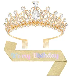 Birthday Tiara and Crown with Sash, Birthday Tiara for Women Party (Gold)