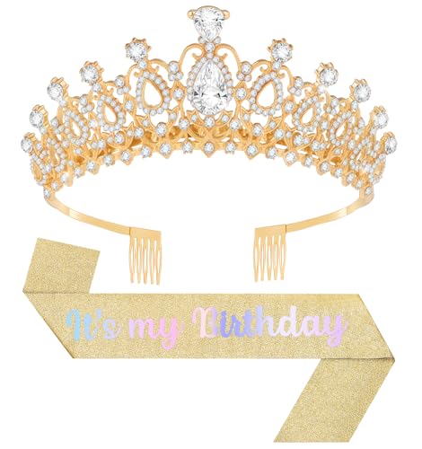 Birthday Tiara and Crown with Sash, Birthday Tiara for Women Party (Gold)