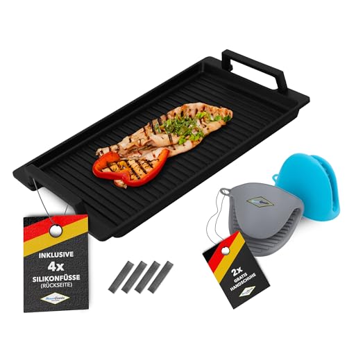 MaxxGoods - Aluminiumguss Grillplatte mit Seitengriffe - Gerippt - 41x24x2,5cm - für Induktion & alle gängigen Herdplatten - Keramikoberfläche - Antihaftversiegelung - Made in Germany - PFOA Frei