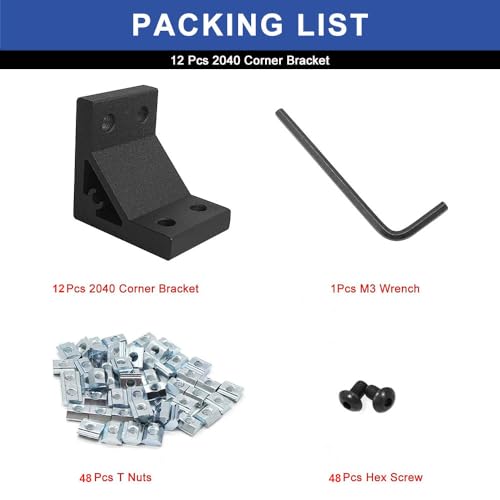 Image of 12pcs 2040 Angle Bracket Corner 2040 Extruded Aluminum Hardware V-Slot Accessories T-Slotted with T Nuts and Screws for 2040 Aluminum Profile 3D Printer Frame Accessories Black