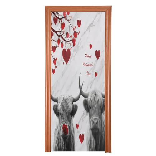 FLildon Highland Cows Valentine's Day Heart Tree Door Cover Decoration, Party Accessory Porch Decor for Festive Ornament Room Door Covers 32 x 79 Inch