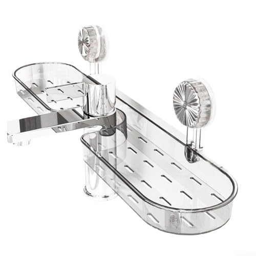 Organizer da bagno a ventosa con mensola per rubinetto, mensola per lavandino del bagno per riporre articoli da toeletta e cosmetici, design verticale salvaspazio con materiale ABS+PVC (bianco