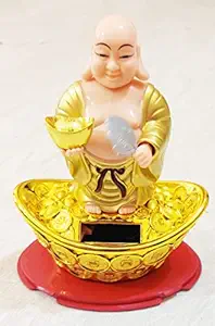 Money Vastu Fengshui Stone Gift Product Collection Solar Laughing Buddha Holding Ingot & Waving Fan Moving Head & Fan for Health Wealth & Prosperity Buddha Stand on Boat