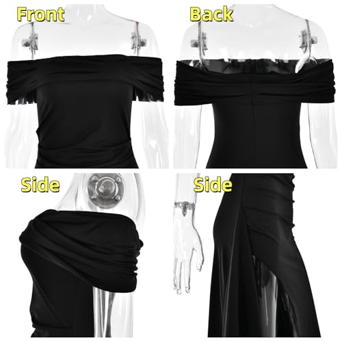 Image of Womens Off Shoulder High Slit Ruffled Side Club Dresses Bodycon Waist Ruched Elegant Floor Dresses