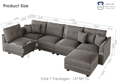 Image of LLappuil Modular Sectional Sleeper Sofa with Storage, U Shaped 6-Seat Corduroy Couch with 5 Throw Pillows, Convertible Sofa Set for Living Room & Small Space, Skin-Friendly & Soft, Grey