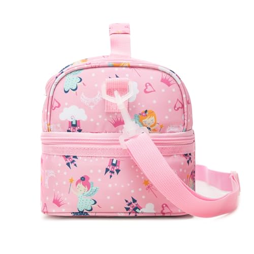 Image of Insulated Kids Dual Compartment Lunch Bags for Girls Toddler School Daycare Cooler Lunch Boxes Bento with Strap Pink Fairy