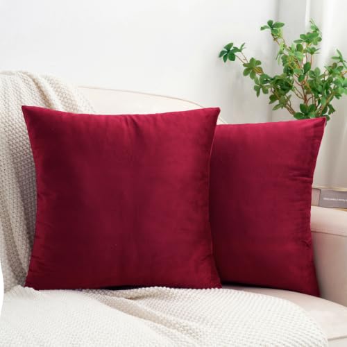 HWY 50 Burgundy Red Velvet Throw Pillow Covers 20x20 Inch Pack of 2 Soft Cozy Solid Decorative Luxury Cushion Cases for Couch Sofa Bed Living Room Bedroom