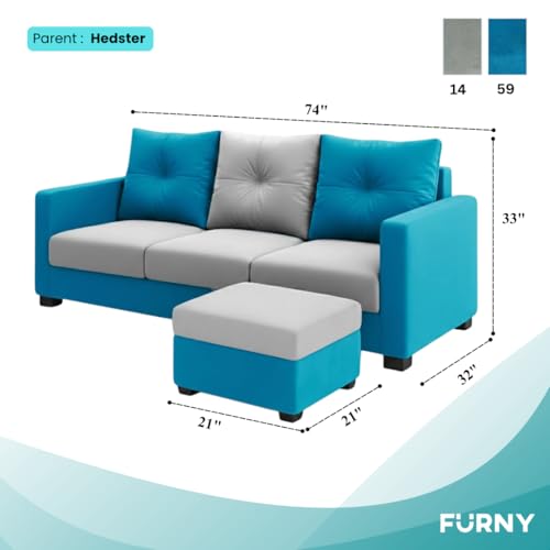 Image of FURNY Amonster 4 Seater L Shape Sofa Set with Movable Ottoman | Flexible Left or Right Layout | Plush Velvet Fabric (Aqua Blue-Light Grey) | Perfect for Living Room, Guest Room & Office