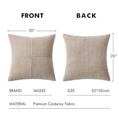 Image of MIULEE Taupe Decorative Throw Pillow Covers 20x20 Inch for Couch Bed Sofa Pack of 2 Light Brown Neutral Boho Farmhouse Throw Pillows Soft Cross Corduroy Patchwork Textured Tan Cushion Cases