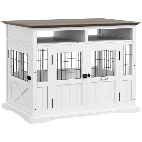 PawHut Dog Crate Furniture Side End Table with Storage, 41' Modern Wooden Dog Kennel Furniture with Double Doors for Small and Medium Dogs, White