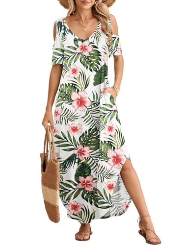 Image of BELAROI Womens Cold Shoulder Maxi Dress Plus Size V Neck Summer Sundresses with Pockets Beach Coverup Vacation Outfits