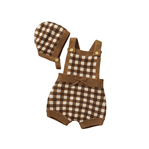 Image of JNBLDA Baby Romper Newborn Baby Plaid Bodysuit Sleeveless Knitted Outfit for Boy and Girls with Warm Hat Set