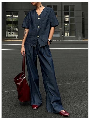 WDIRARA Women's 2 Piece Denim Outfits V Neck Button Down Shirt Wide Leg Pants Set2