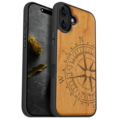 Image of Carveit Wood Case for iPhone 16 Plus, The Incomplete Compass, Cherry | Magnetic iPhone 16 Plus Case Compatible with MagSafe Wireless Chargers, Engraved Wood with Soft TPU Shockproof Bumper