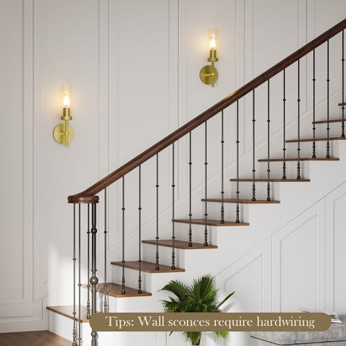 Image of Wall Sconces Set of 2 (with 2 Bulbs), Modern Bathroom Wall Sconces Lighting with Thickened Glass, Hardwired Wall Mount Light Fixtures for Bathroom, Bedroom, Hallway, Living Room(Gold)