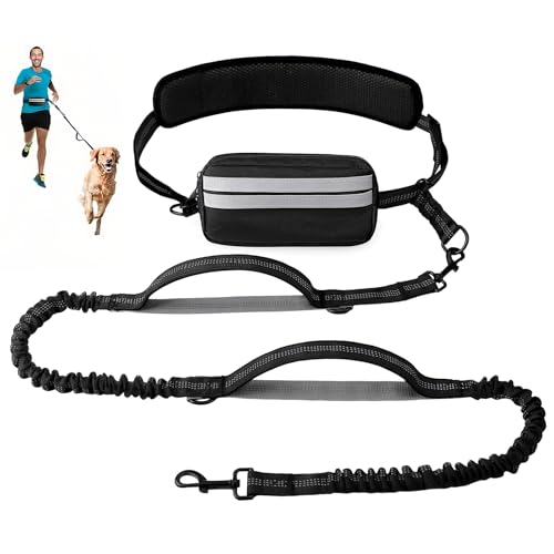 Enbluy Hands Free Dog Leash with Adjustable Waist Belt, Retractable Design, Reflective Stitching, Bungee Cord, Dual Handles, Zipper Pouch, Suitable for Running, Walking, Hiking (Single Dog Leash)