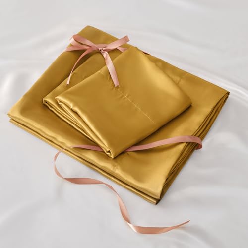 BEDELITE Satin Fitted Sheet and Pillowcases Set, Luxury Soft Similar to Silk Bottom Bedsheet with Elastic Corner Straps, Deep Pocket up to 15 Inch, 1 Fitted Sheet and 2 Pillowcases(Queen, Gold)