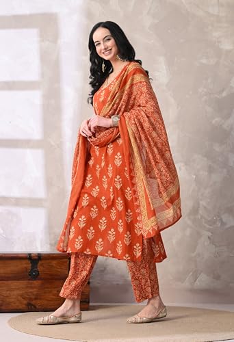 Image of MEERA FAB Women Floral Printed Sequined Cotton Straight Kurta with Palazzos & Dupatta | Sanganeri Print
